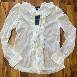 NWT Lauren Ralph Lauren White Ruffle Button Up Blouse Size PM